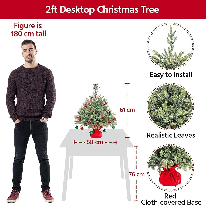 Mini sapin de Noël artificiel Yaheetech 61 cm - Vert - Sapin de Noël de table avec socle en ciment et 62 branches en PE