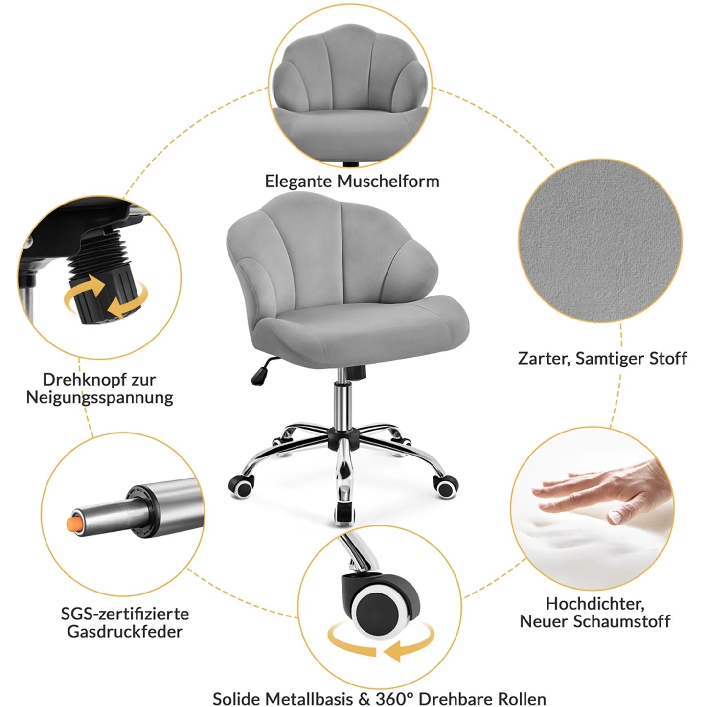 Yaheetech Chaise de bureau en forme de coquillage - avec fonction pivotante, hauteur réglable par vérin à gaz et dossier rembourré - pour le bureau à domicile et la chambre à coucher - polyester blanc et métal - 60 x 60 x 76,5-86 cm