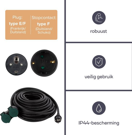 Perel Rallonge électrique, câble d'extension, câble d'alimentation, câble de rallonge, câble d'intérieur avec deux prises pour l'extérieur IP44, avec mise à la terre, Schuko, H07RN 3G2,5, PVC, caoutchouc, 20 m, noir