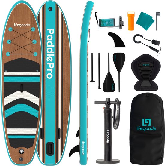 LifeGoods PaddlePro SUP Board - with Seat - Inflatable Paddle Board - Complete Set - Max. 150KG - 320x81cm - Bois/Bleu