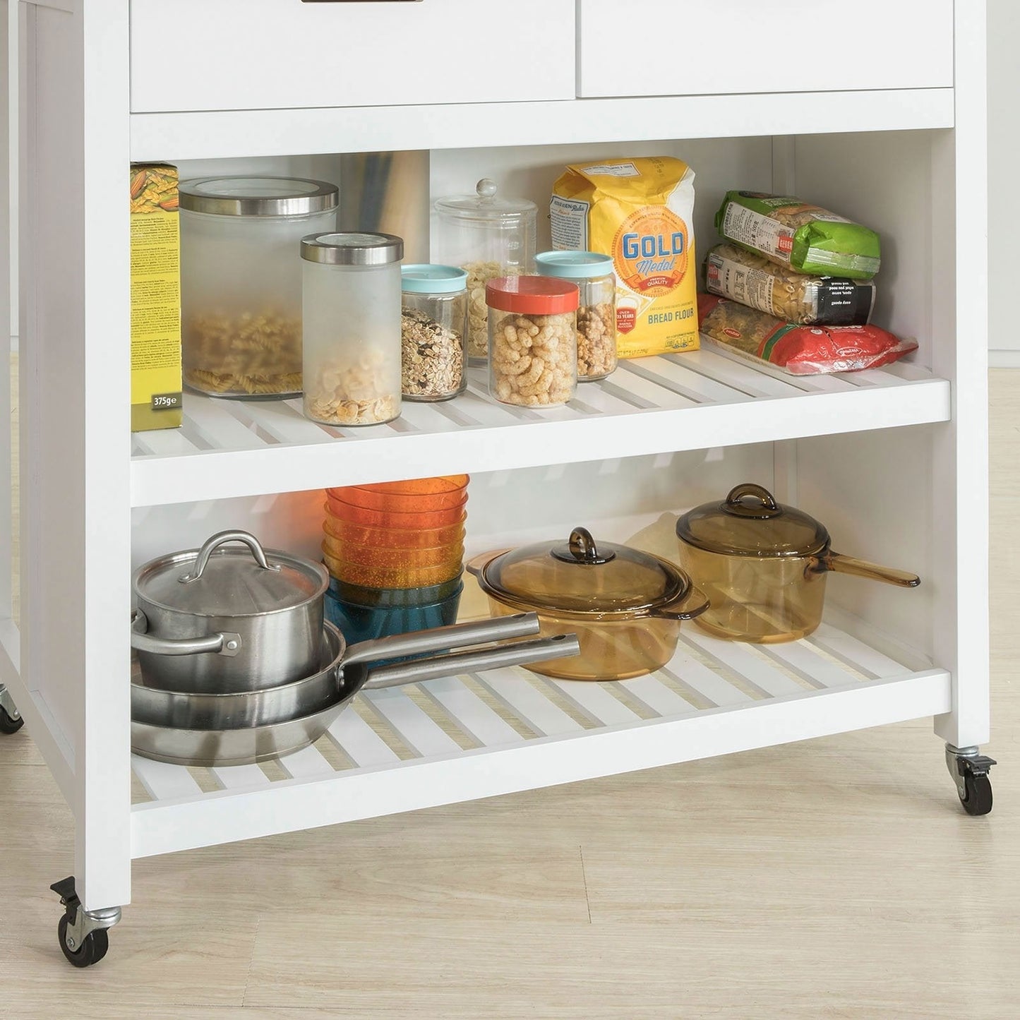 SoBuy - Ilot de cuisine sur roulettes - 100 x 60 x 94 cm - Blanc et bois composite - Chariot de cuisine mobile avec meuble de rangement - Pour cuisine et réserve