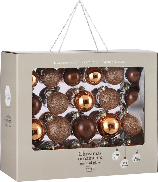 Mica Decorations : lot de boules de Noël en verre - Boules de Noël brillantes et pailletées - Décorations de Noël pour le sapin - Pointe pour le sommet du sapin - Lot de 42 pièces - Ø 7 cm - Marron