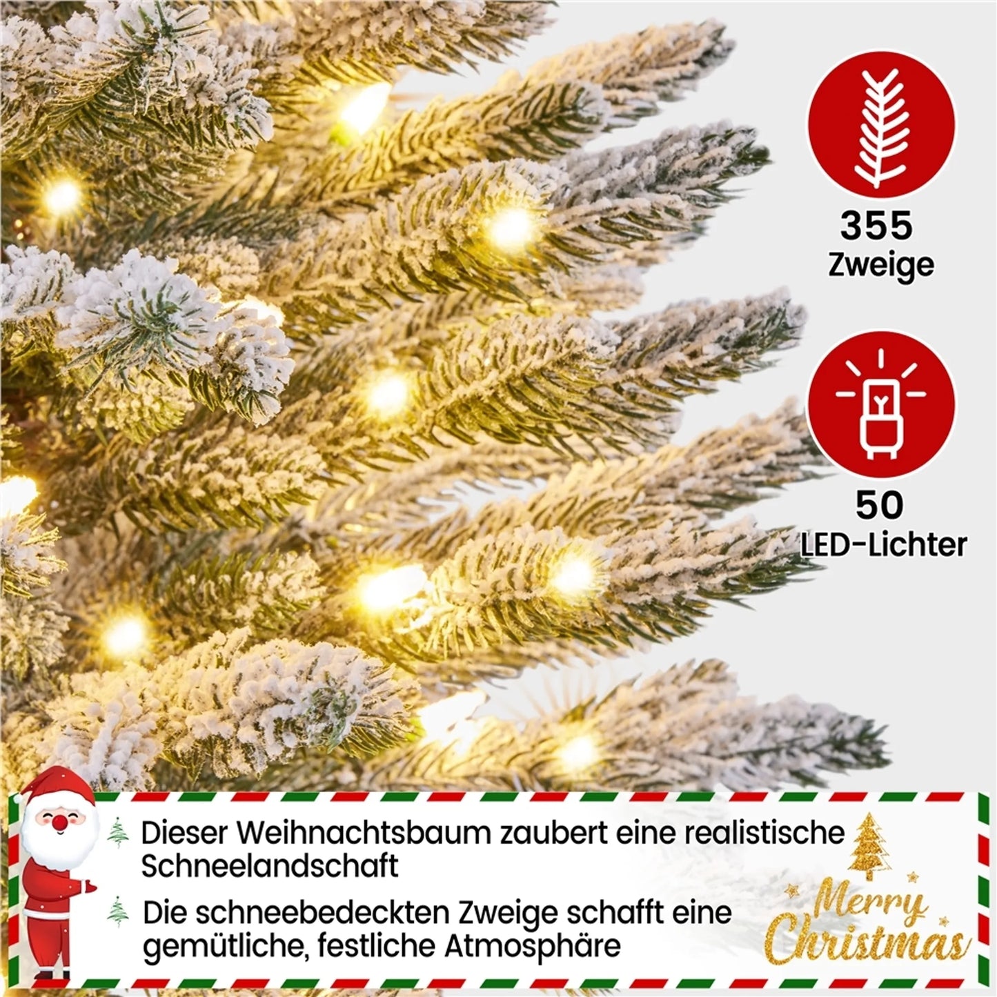 Yaheetech Sapin de Noël de table avec neige et lumières - Φ55 x 92 cm - Avec 355 branches et 50 lumières LED et un tronc réaliste - Pour rebord de fenêtre et extérieur - PVC vert et métal