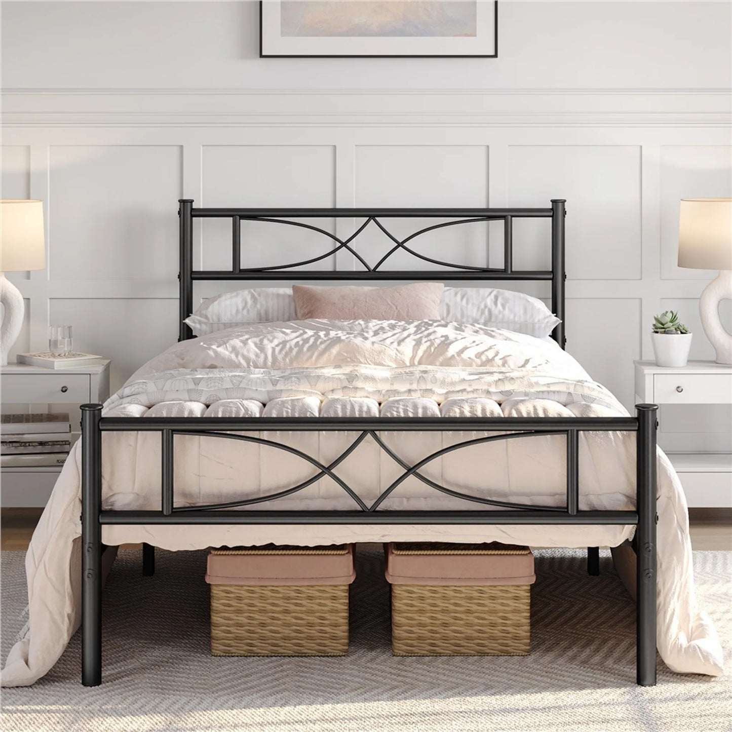 Cadre de lit en métal Yaheetech 90 x 200 cm - Noir - 204 kg - Avec tête et pied de lit - Espace de rangement sous le lit de 32 cm