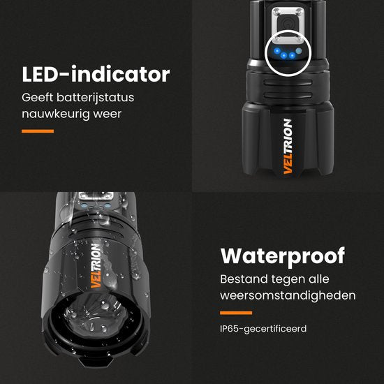 Lampe de poche LED rechargeable Veltrion - Accessoires gratuits - Lampe de poche militaire - 6 000 lumens - Batterie 26650 - 5 modes - Fonction batterie externe - Lampe de poche à piles - Kit d'urgence