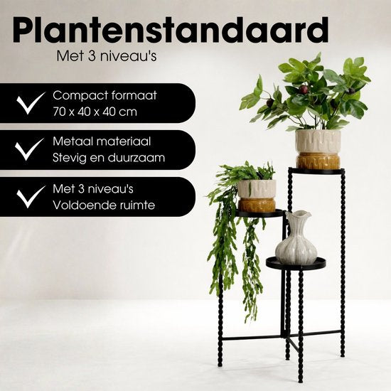 Mica Decorations Salvo - Support pour plantes d'intérieur - Tablette pour plantes d'intérieur - Support à trois étages - 40 x 40 x 70 cm - Fer - Noir