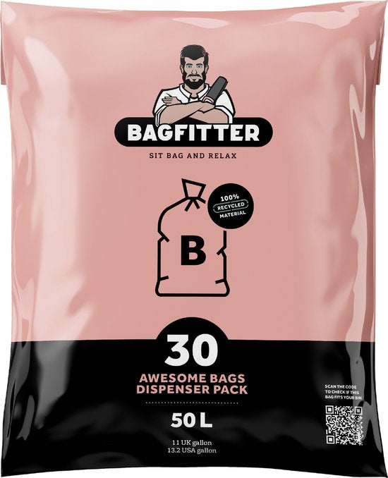 Sac à ordures BagFitter Pink B 50L avec sangle de traction en plastique 100% recyclé - 75cm x 61cm - 30 pièces - 50 Liter - Sacs à ordures - Sacs à déchets - Sacs poubelle convenant à Homra Lux et StangVollby Mandal, entre autres.