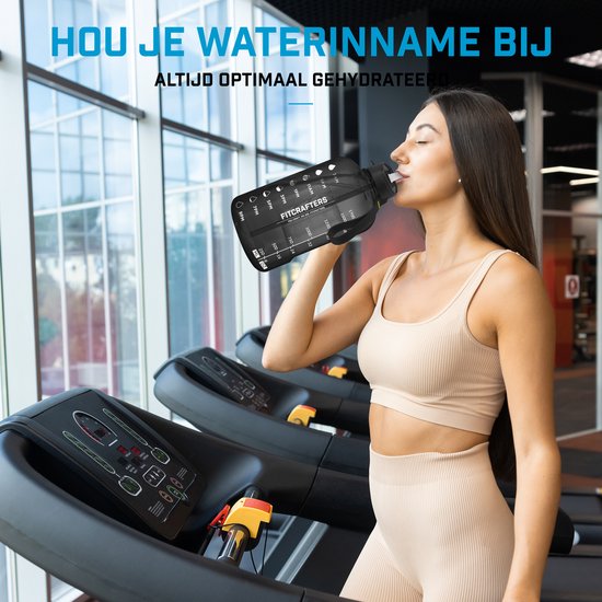 Bouteille d'eau Fitcrafters avec marqueurs de temps - Bouteille de motivation - 2L - Sans BPA - Noir