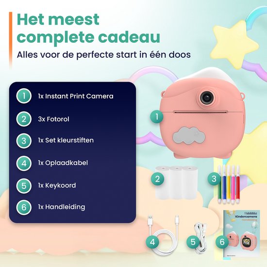 ODESSEY Caméra pour enfants avec imprimante - Full HD - Caméra Selfie - Carte SD 32GB - Photo - Vidéo - Jeux - Caméra numérique pour enfants - Caméra photo pour enfants - Rose