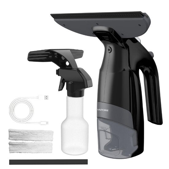 Nettoyeur de vitres électrique Vapore - Incl. Savonneuse - avec fonction de pulvérisation intégrée - Raclette pour vitres - Aspirateur à vitres - Incl. Chiffon en microfibre - Noir
