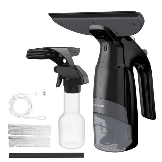 Nettoyeur de vitres électrique Vapore - Incl. Savonneuse - avec fonction de pulvérisation intégrée - Raclette pour vitres - Aspirateur à vitres - Incl. Chiffon en microfibre - Noir
