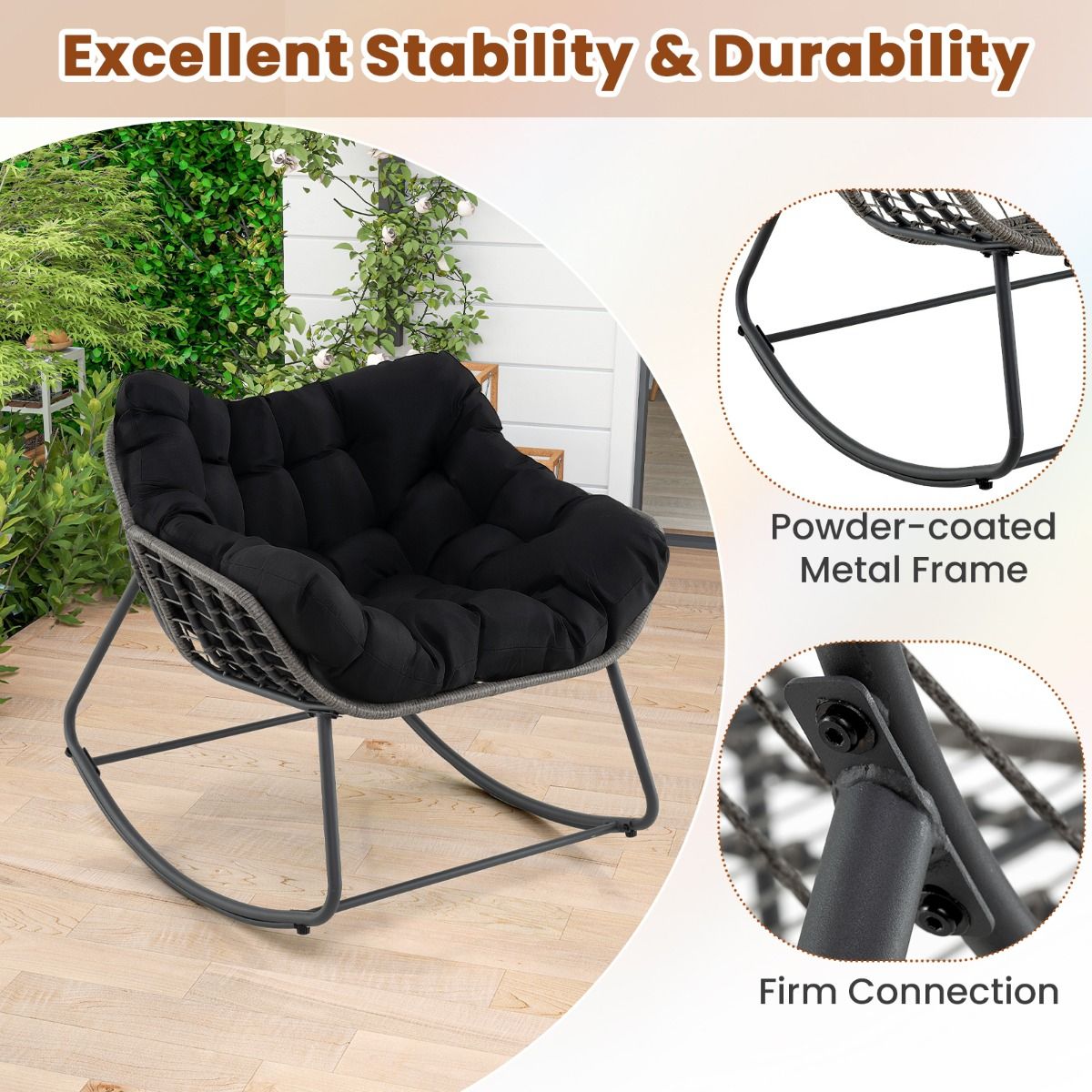 Fauteuil à bascule Coast - très grand format - coussin épais amovible - noir