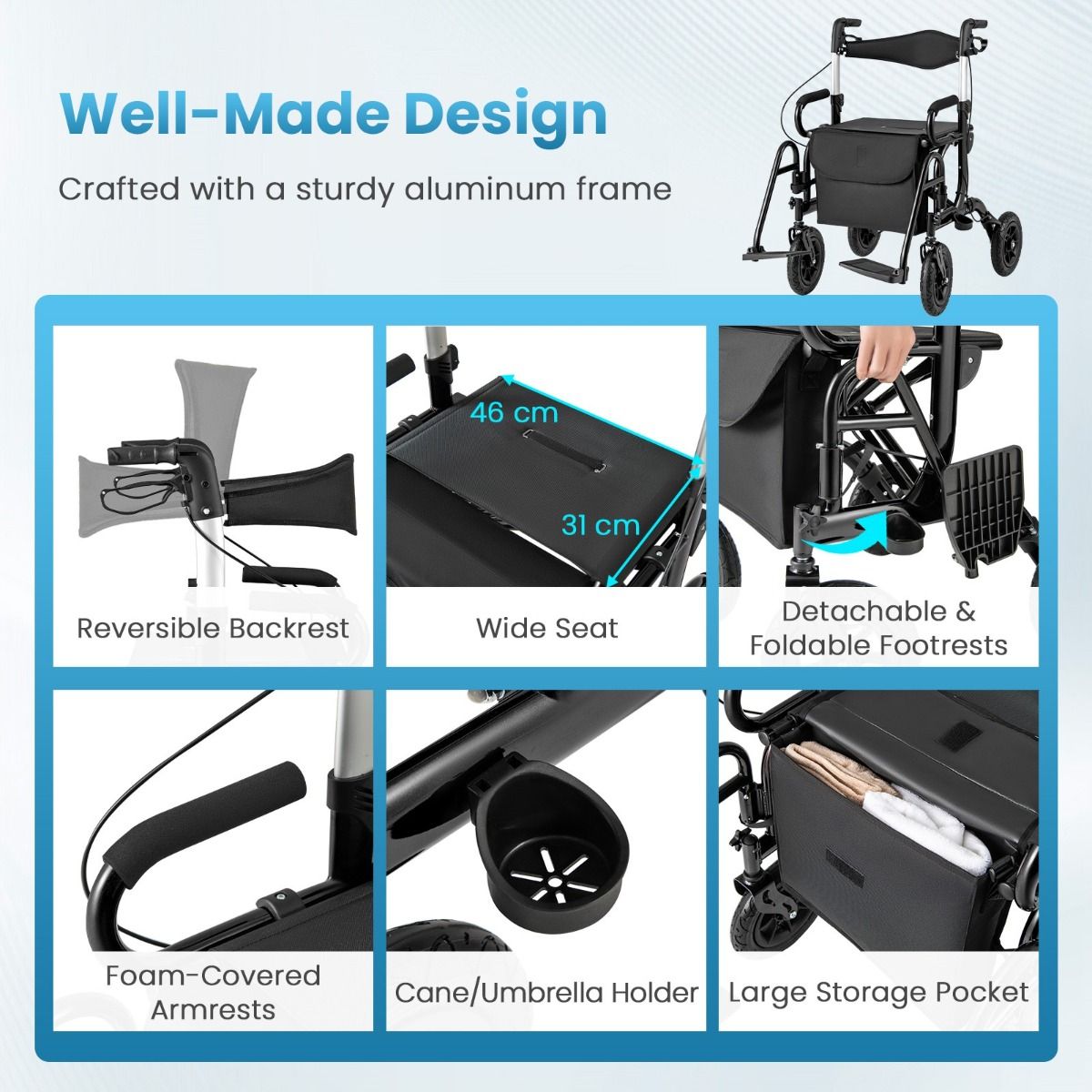 Rollator et fauteuil roulant 2-en-1 Coast - pneus gonflables - réglable en hauteur sur 6 positions - noir