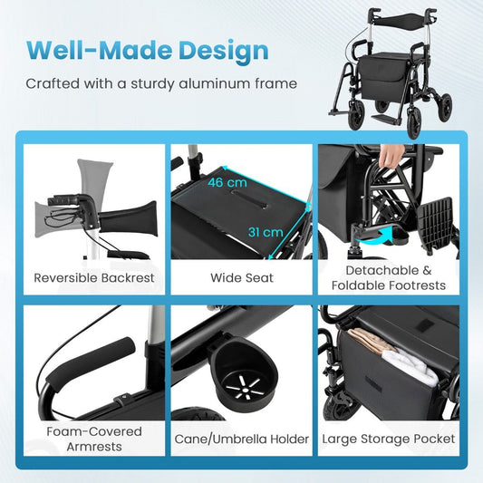 Rollator et fauteuil roulant 2-en-1 Coast - pneus gonflables - réglable en hauteur sur 6 positions - noir