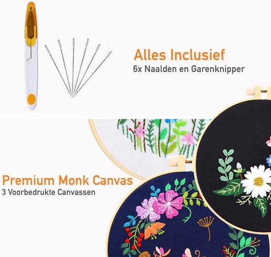 Happy Goods Kit de broderie fleurs et oiseaux - Kits de broderie adultes - Set de 3 broderies - Hobby et loisirs créatifs - Broderie