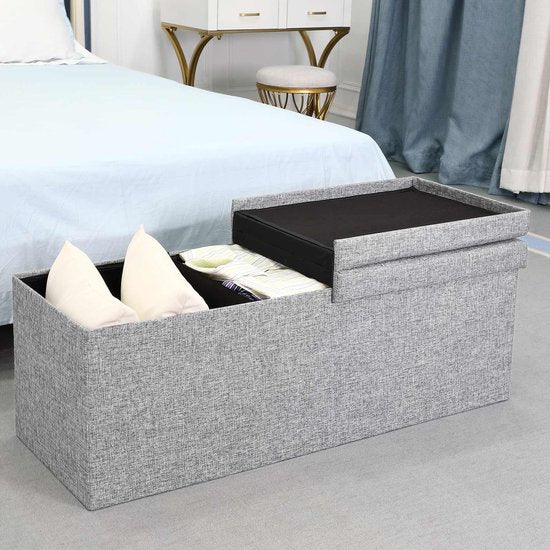 Banc Casaria avec rangement - 80x40x40cm 100L aspect lin - Gris clair