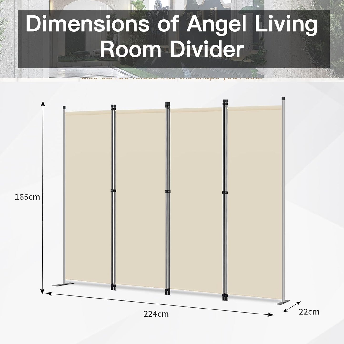 Angel Living Paravent de chambre - 4 pièces - 224x165 cm - Pliable - Acier et polyester - Séparation de pièces et intimité - Beige