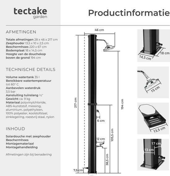 Douche d'extérieur tectake® - Solaire - 35 L - Eau chaude jusqu'à 60 °C - Avec housse de protection et porte-savon - Raccord pour tuyau d'arrosage - Douche de jardin avec grande pomme de douche réglable et robinet au pied - Douche solaire - Douche de camp