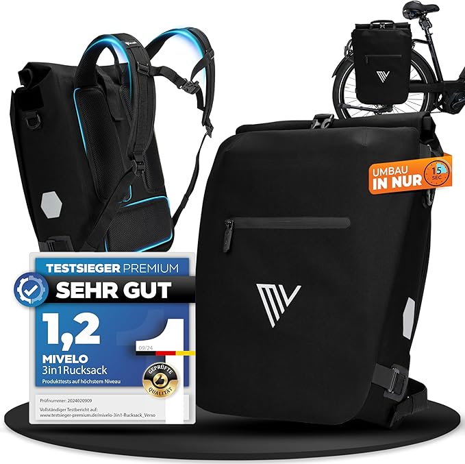 MIVELO Pannier - Sac à dos et sac à bandoulière 3-en-1 - Étanche - 20 litres - Noir