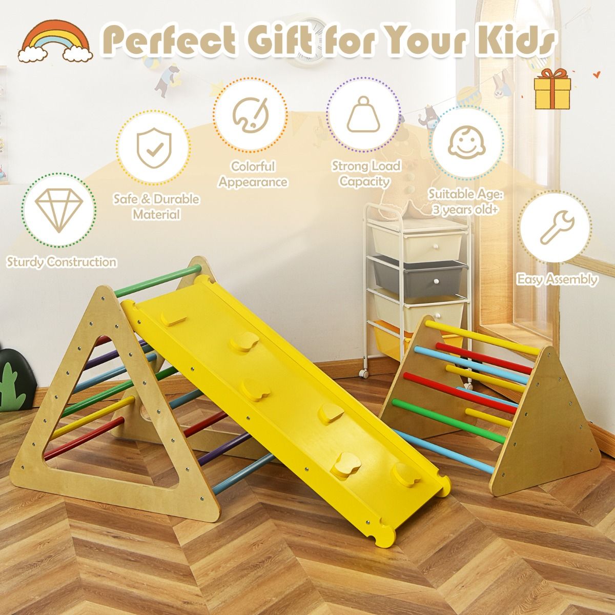 Coast 3-in-1 jouets d'escalade pour enfants - coloré - Grande échelle triangulaire 79.5x59.5x70 cm, Petite échelle triangulaire 59.5x51x45 cm, Rampe d'escalade 110x48x7.5 cm