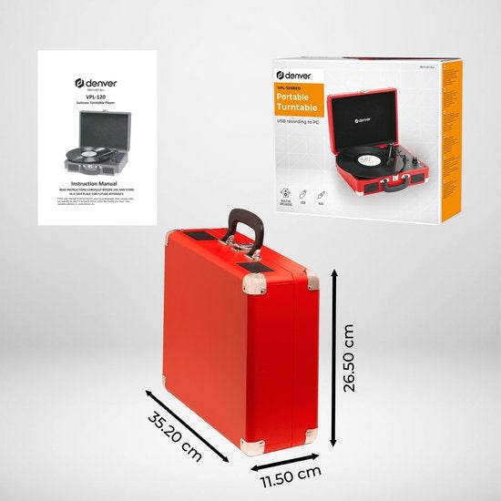 Denver Record Player - Haut-parleurs intégrés - Logiciel PC inclus - Auto-stop - Rétro - VPL120 - Rouge