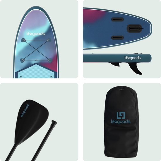 LifeGoods SUP Board All-round Compact - avec siège - capacité de charge de 100 KG - 300 x 76 cm - gonflable - ensemble complet de SUP - bleu/violet