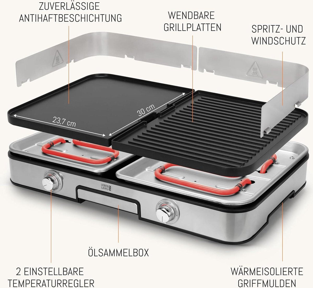 LEBENLANG Electric Table Grill 2400W - Gris - 2x plaques de cuisson (striées et lisses) - 55 x 30 cm - Pince à griller et protection anti-éclaboussures incluses - Pour l'intérieur et l'extérieur