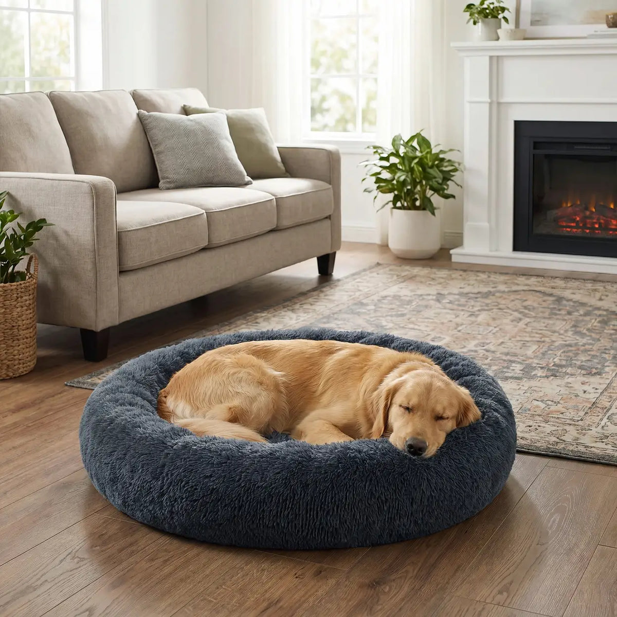 Joyfurnos Donut : panier pour chien Fluffy apaisant - Housse amovible et lavable - 100 cm - Gris foncé