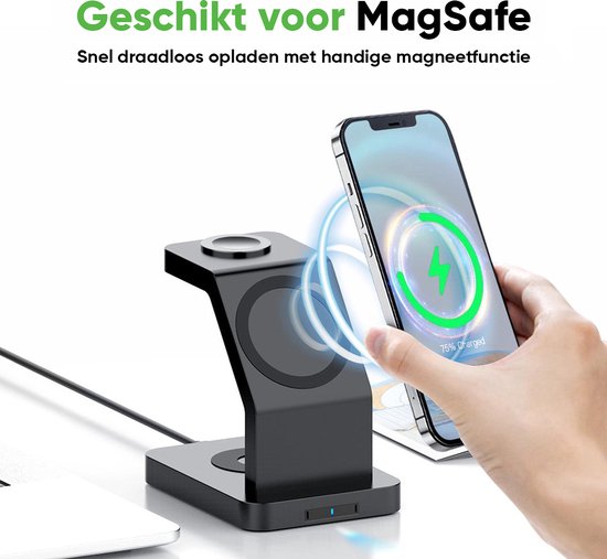 iSETCHI - Chargeur sans fil Qi et Magsafe 3-en-1 - 15 Watt - Plastique noir - Adaptateur QC 3.0 inclus - Pour iPhone, Apple Watch et Airpods - Lieu de travail organisé