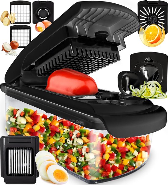 Mandoline Stosh - Coupe-légumes - Coupe-oignons - Coupe-spirale - 7 pièces - Noir - Sans BPA