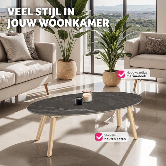 tectake® Coffee Table | Living Room Table, Oval Coffee Table with Wooden Legs | Marble Look | Weatherproof Side Table for Living Room, Terrace, Garden or Balcony - natural
