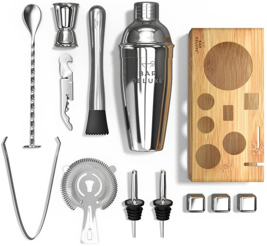BarDeluxe® Cocktail Set - 13-Piece - Cocktail Shaker 750 ml with Bamboo Stand, Recipe Book & Whiskey Stones - Luxury Gift Package