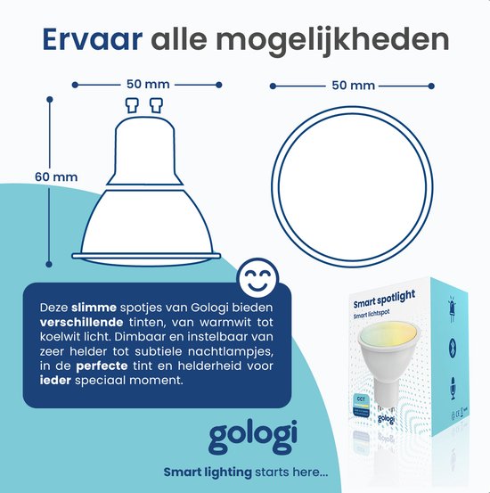 Gologi Smart Spot - Smart Lamp - LED - Ampoule LED - Lumière blanc chaud - Smart GU10 - CCT - 700 lumens - 5 kWh