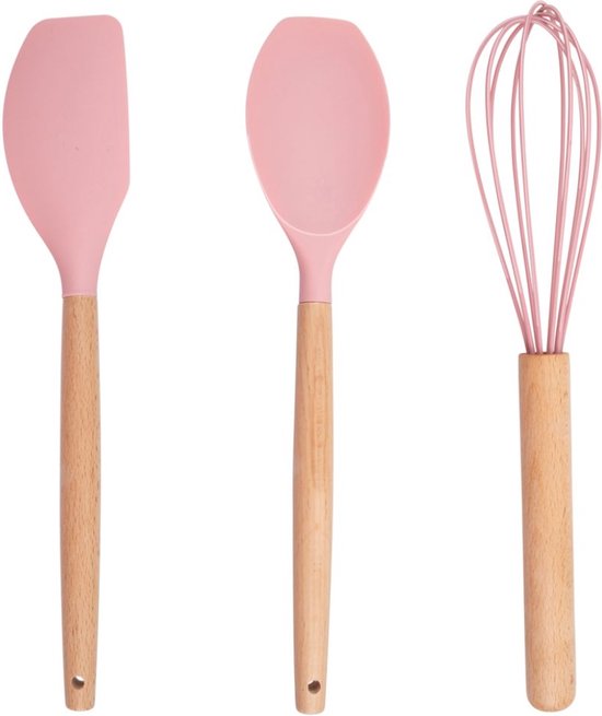 Ensemble d'ustensiles de cuisine Alpina avec support - 12 pièces - Ustensiles en silicone avec manche en bois - Rose