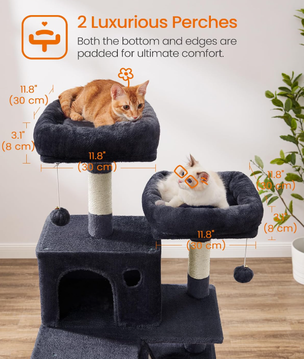 Songmics Arbre à chat 168 cm - Tour pour chat avec 13 poteaux à griffer - Gris fumé