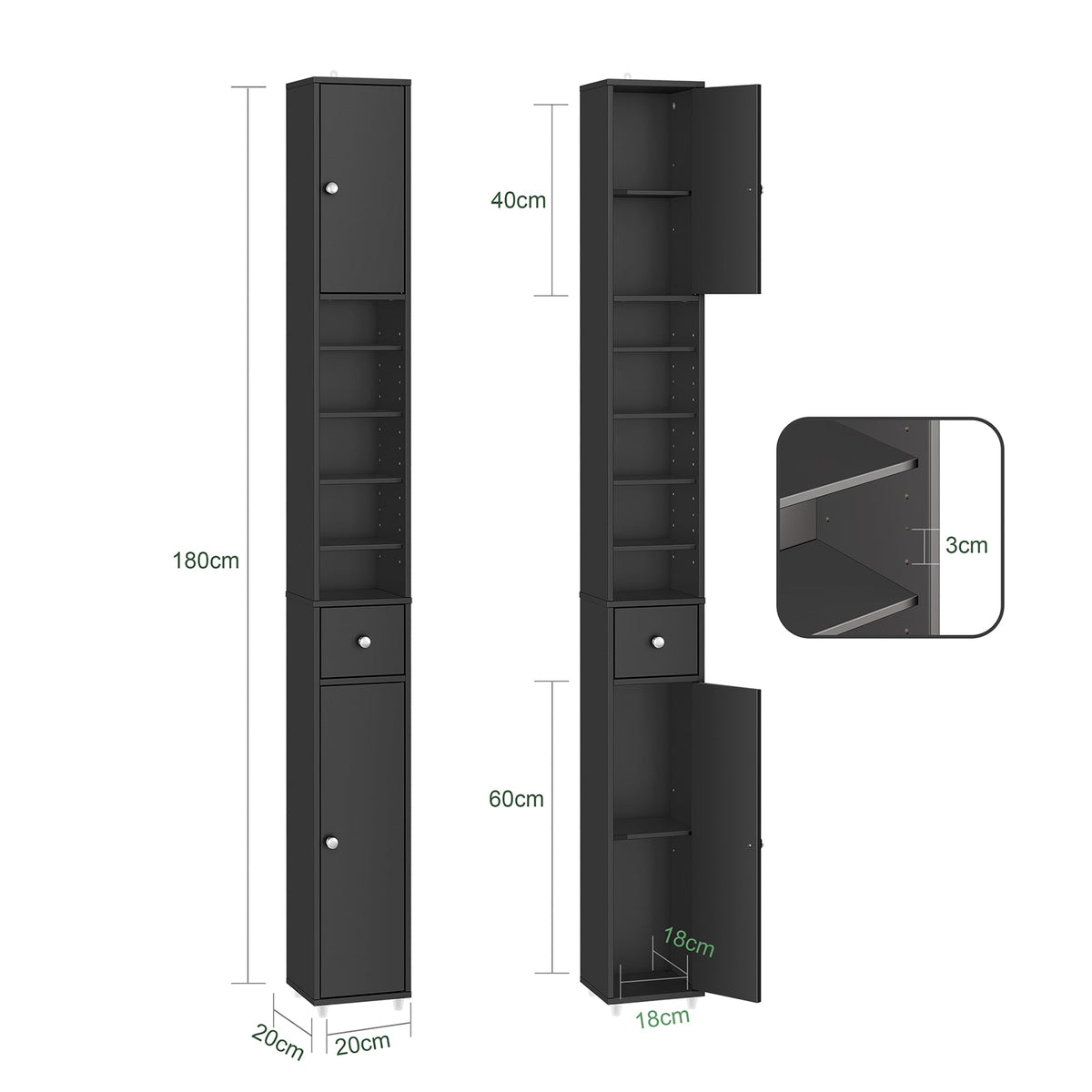 SoBuy Grand meuble de salle de bain étroit avec tiroir et étagères réglables - Meuble colonne noir pour salle de bain et salon - 20 x 20 x 180 cm