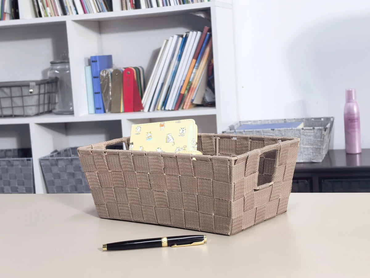 Kevahome Lot de 3 paniers de rangement avec sangle de transport - Polypropylène tissé à la main - Taupe - 12 x 6,5 x 4,5 pouces