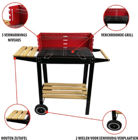 BBQ Collection Barbecue au charbon de bois - Barbecue au charbon de bois avec roulettes - Grille réglable et pare-vent - Barbecue avec table d'appoint - Noir