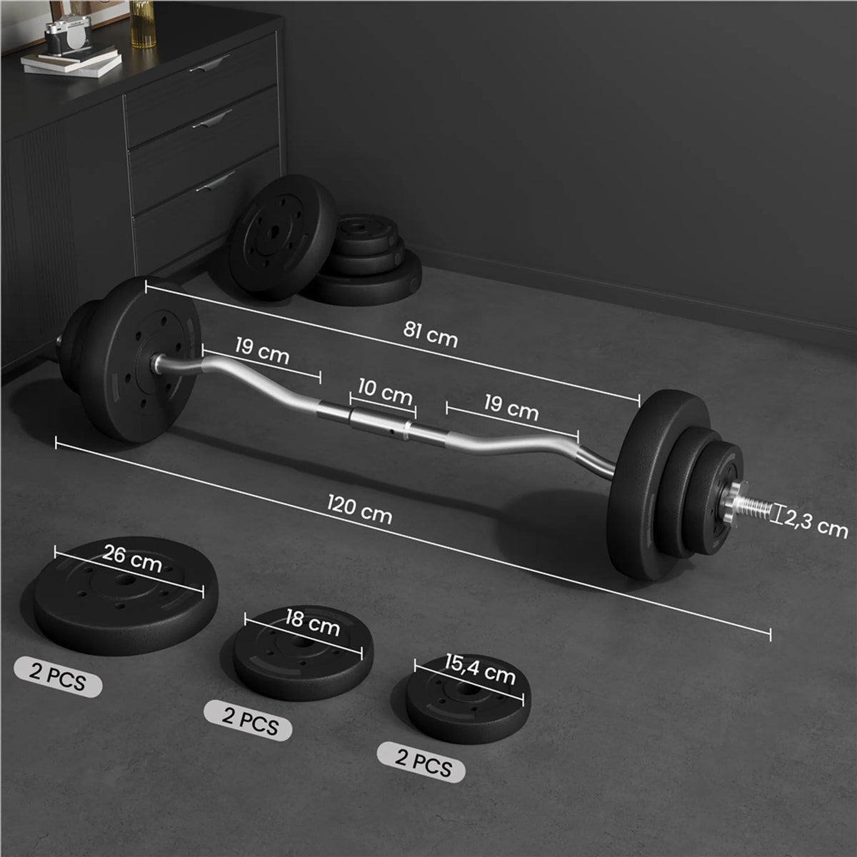 Yaheetech EZ-curl Dumbbell Set 20 kg - équipé d'une barre de curl chromée et de 6 disques de poids en béton et manilles - pour la musculation et l'entraînement - métal noir, plastique et béton - 120 x 26 x 26 cm