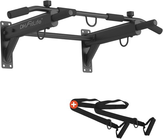 DH FitLife 4-in-1 barre de traction murale avec prise d'écartement, barre de traction multifonctionnelle pour la maison jusqu'à 200 kg | 6 poignées antidérapantes | 3 oeillets pour sac de frappe & sling trainer | sûre et stable