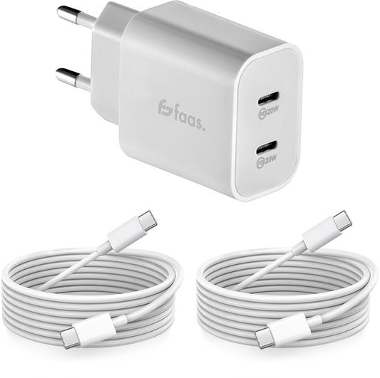 Chargeur USB C - 40W - avec 2x câble USB C vers USB C - Chargeur rapide - 2 ports de charge - Blanc - par Faas