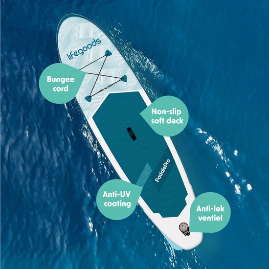 LifeGoods SUP Board All-round Compact - Capacité de charge 100 KG - 300 x 76 cm - Gonflable - Ensemble complet de SUP - Blanc/Aqua profond