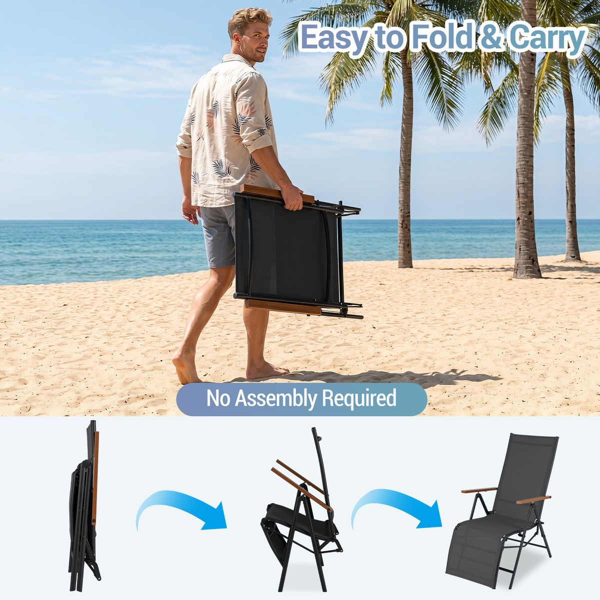 Ensemble de 2 chaises longues pliantes Coast - Dossier réglable - Accoudoirs - Noir