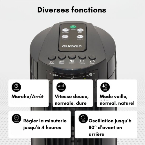 Ventilateur colonne - Auronic 50W – 3 vitesses, 3 modes, télécommande – Silencieux 45 dB – 74 cm