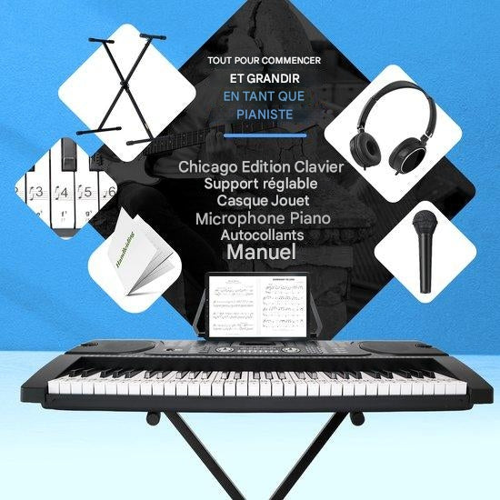 Piano à clavier avec support Finesse, 61 touches, Modèle Chicago, Noir