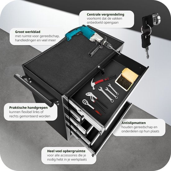 tectake® - Gereedschapswagen met 5 lades - zwart- 402797
