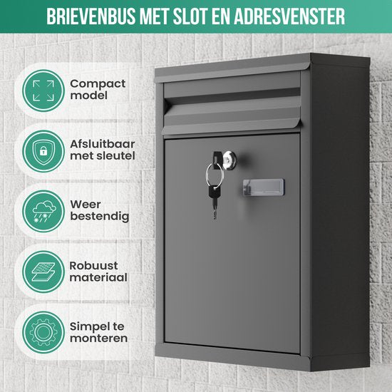 Boîte aux lettres Avalo en acier inoxydable noir - Boîte aux lettres murale - avec matériel de montage et 2 clés