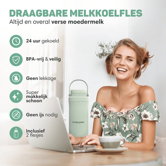 Vulpes Goods® BabyCare - Refroidisseur de lait pour les déplacements - Refroidisseur de lait maternel portable - Bouteille en acier inoxydable de 750 ml + 2 bouteilles de 300 ml sans BPA - Refroidissement jusqu'à 24 heures - Refroidisseur de lait maternel