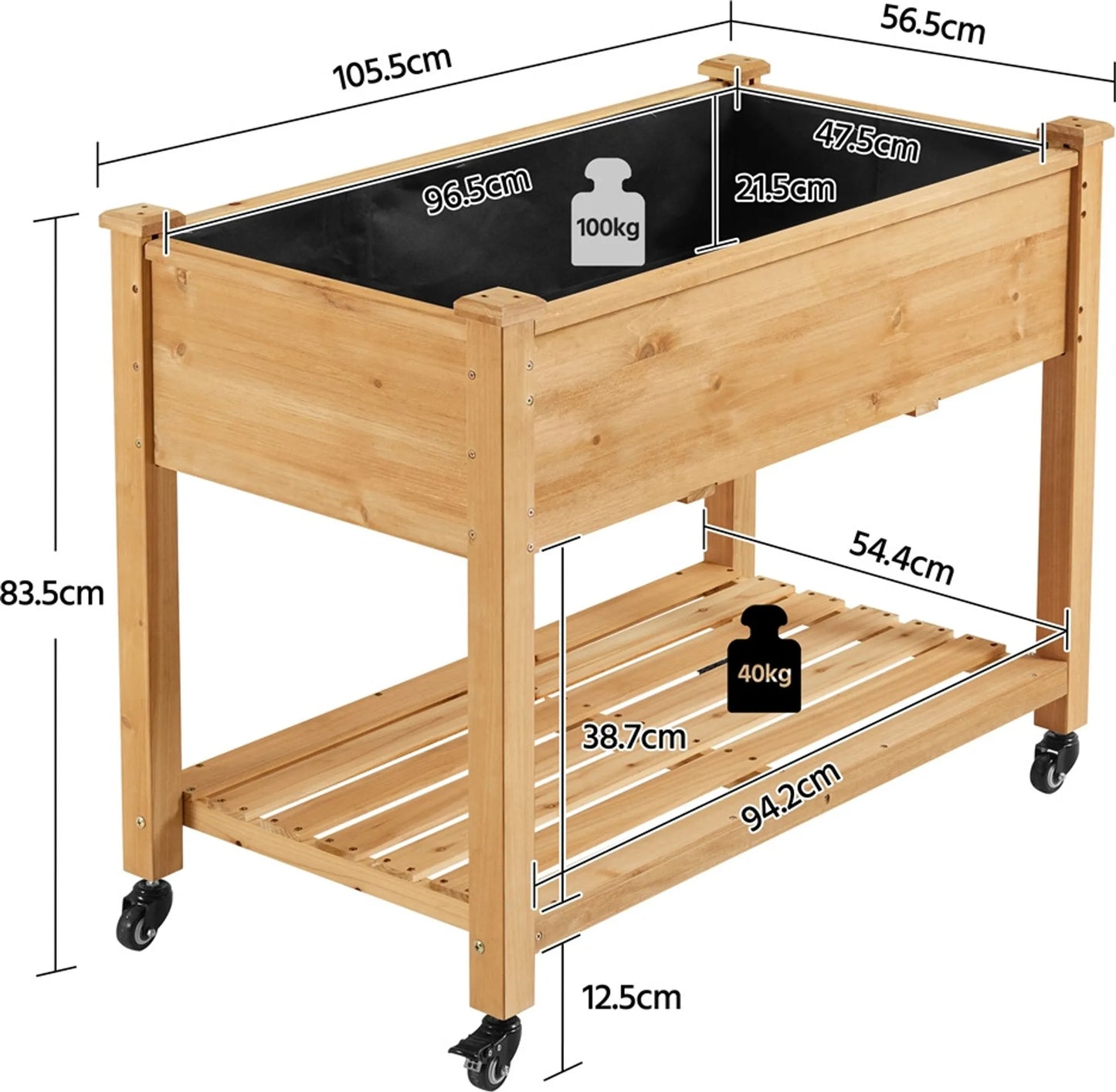 Yaheetech Jardinière surélevée sur roues - avec 4 trous de drainage, boîte de rangement et roulettes à 360° - pour balcon et terrasse - épicéa brun clair - 105,5 x 56,5 x 83,5 cm
