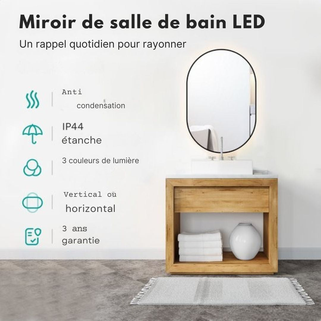 Miroir de salle de bain ovale - Mirlux - 90x60 cm - Eclairage et chauffage LED - anti-buée - Noir